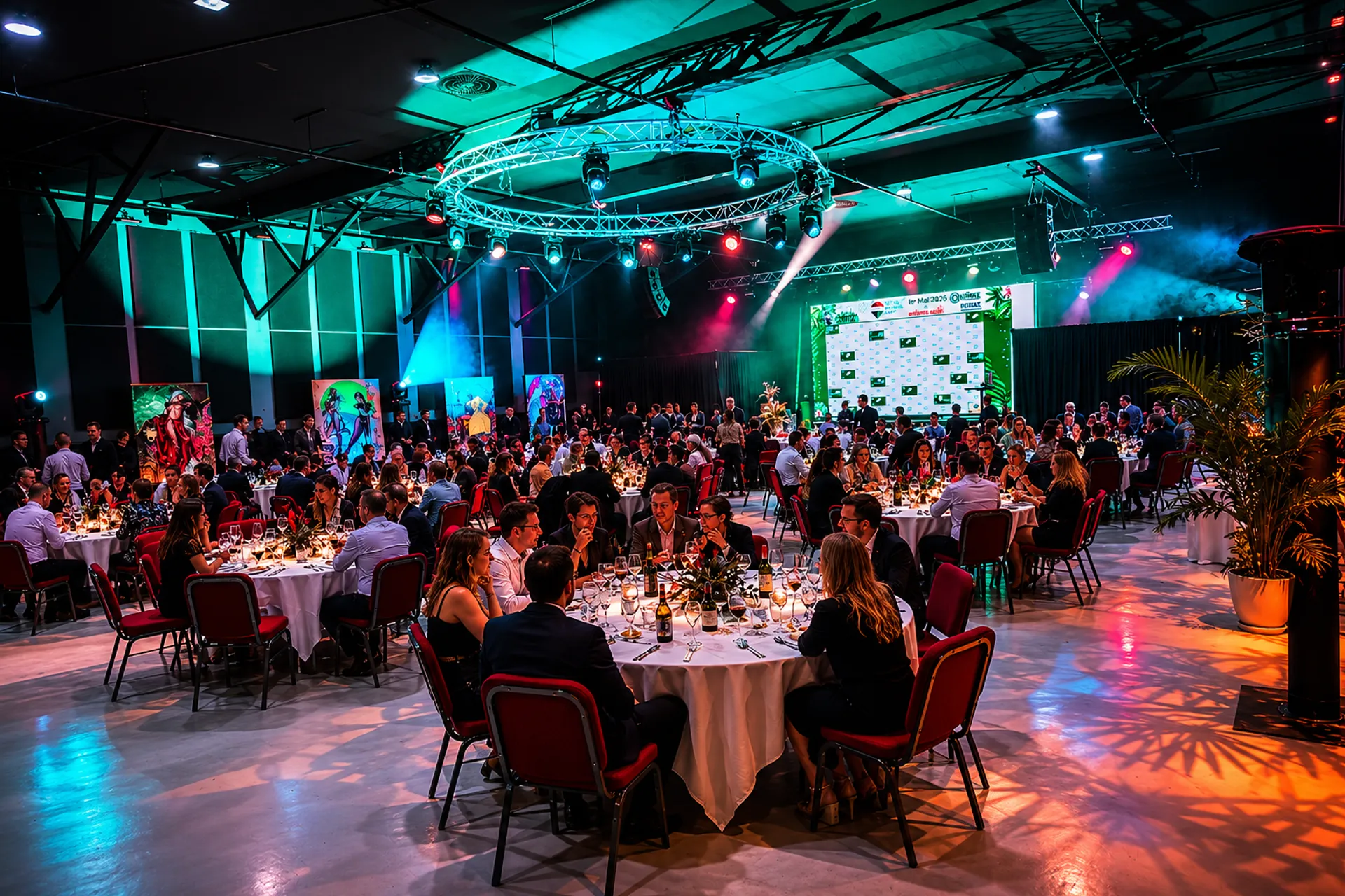 Salle pleine lors d'une soirée thématique, éclairage coloré et décor végétal