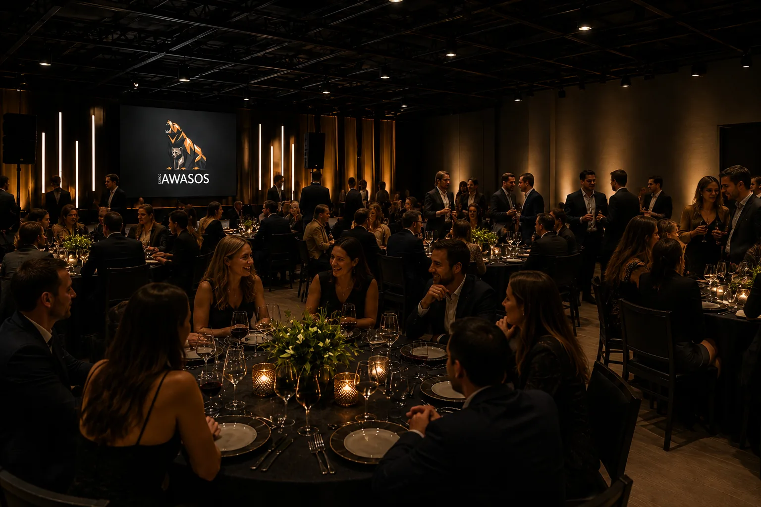Soirée corporative en cours dans la salle, tables rondes et scène éclairée