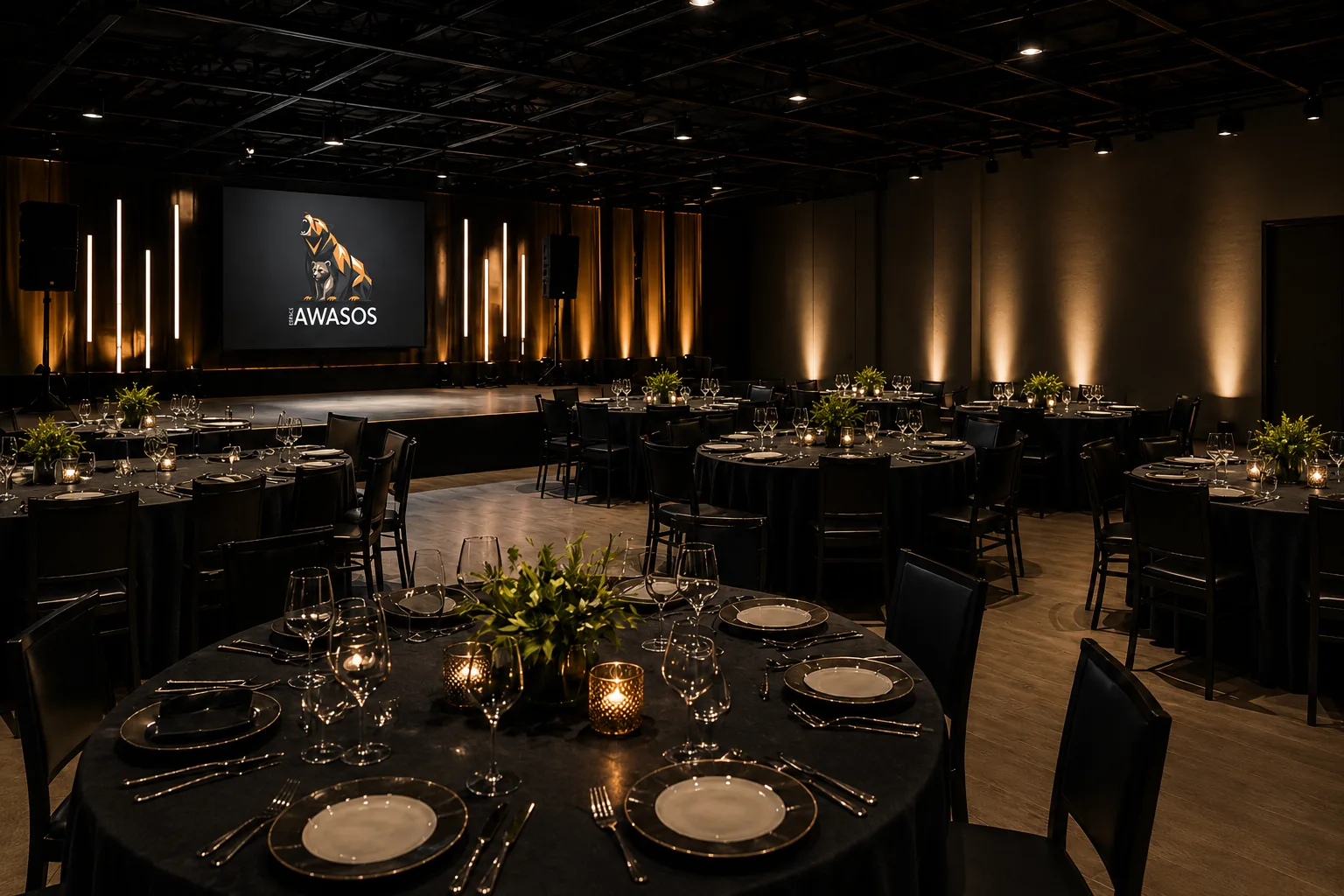 Salle montée en banquet, nappes noires, éclairage chaud et scène en fond